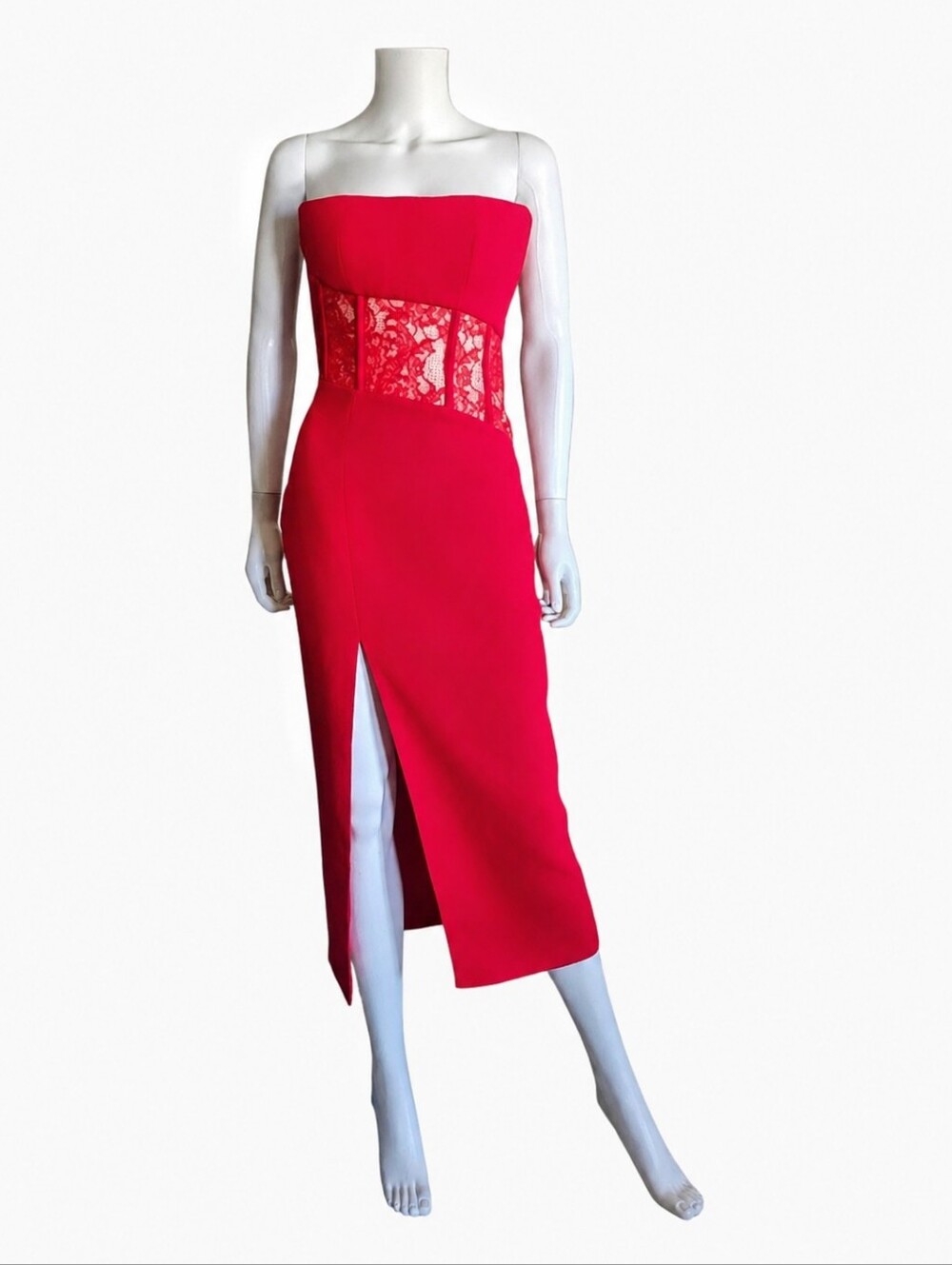 RASARIO | NWT Red Strapless Boned Lace Corset Midi Dress FR36 IT38 US2